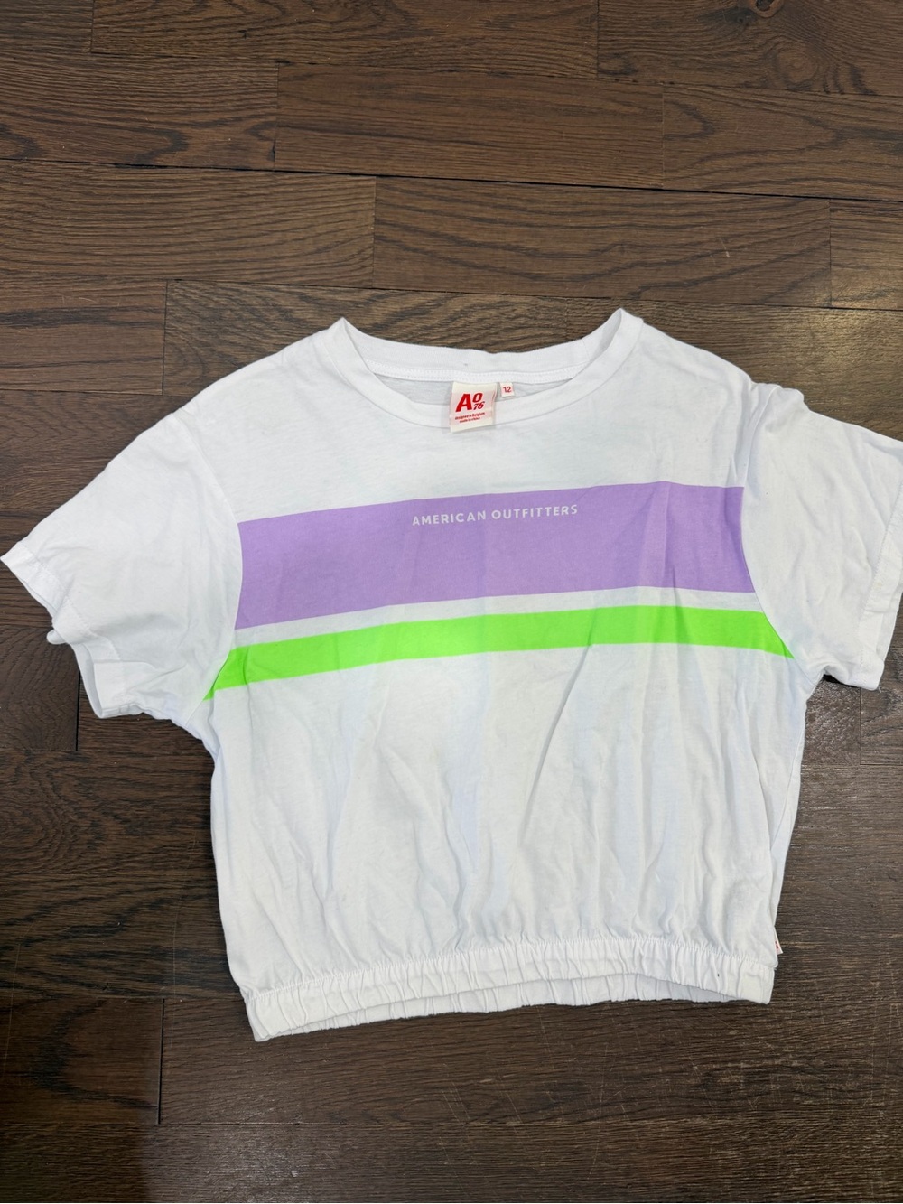 White Crop Tee with Purple & Neon Green Stripes